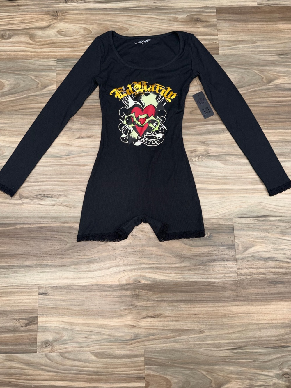 Ed Hardy Black Long Sleeve Romper with Graphic Skull Print